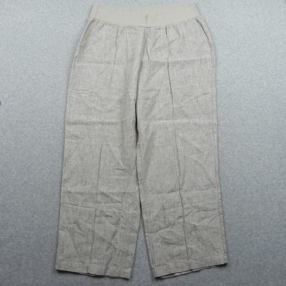 Coldwater Creek Pants Womens 14P Linen High-Waist Pull-On Wide Leg Casual Beige